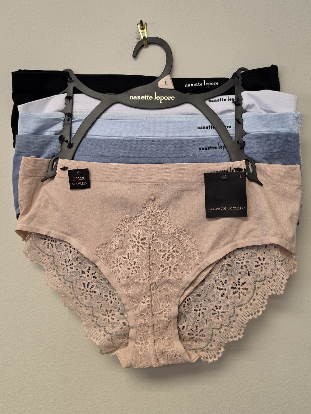 Nanette Lepore Lace Hipster Seamless Panty 5 Pack Set Peach Blue White Black L
